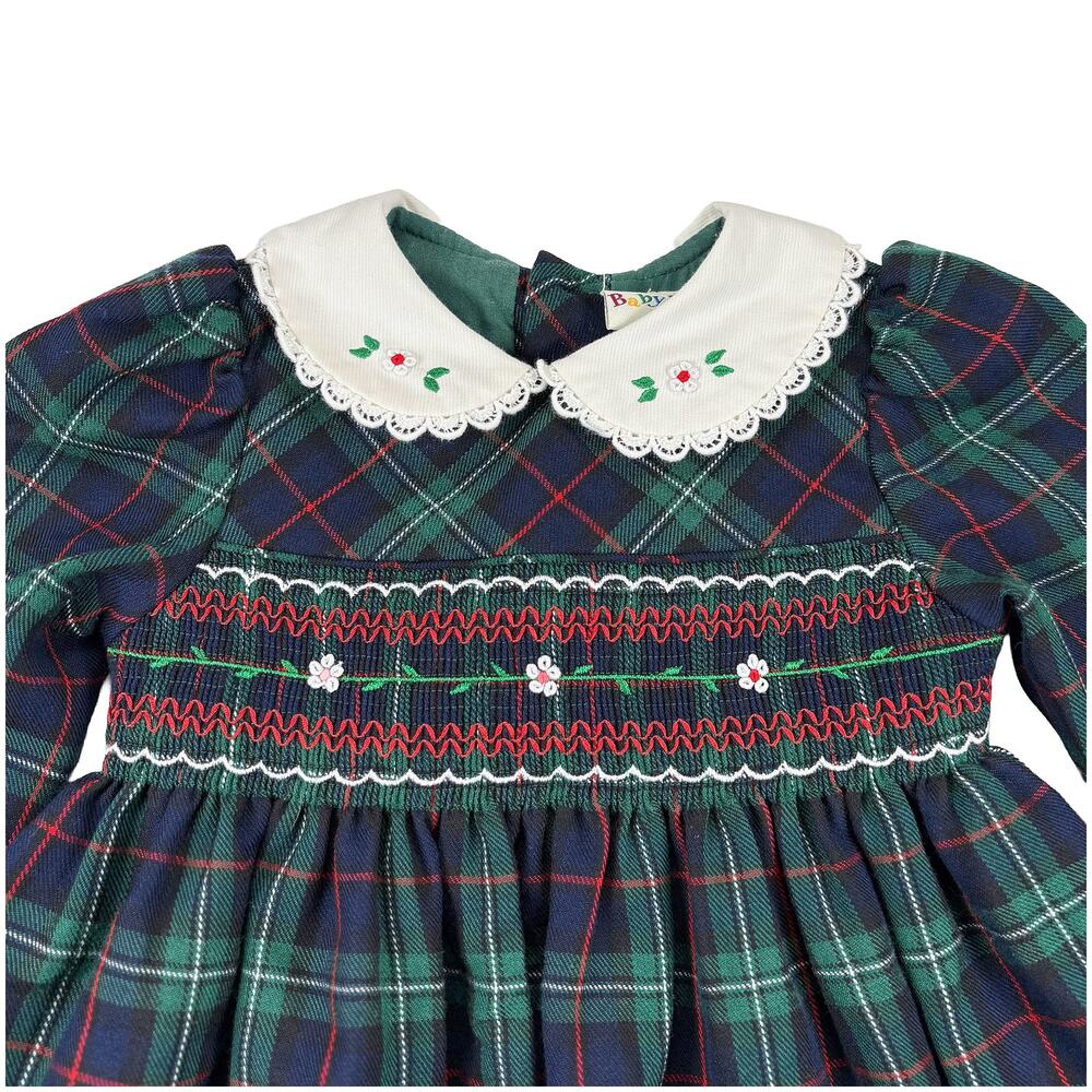 VTG Baby Togs Smocked Plaid Dress Toddler Girls 24M Green Navy Holiday Photos - Picture 4 of 11